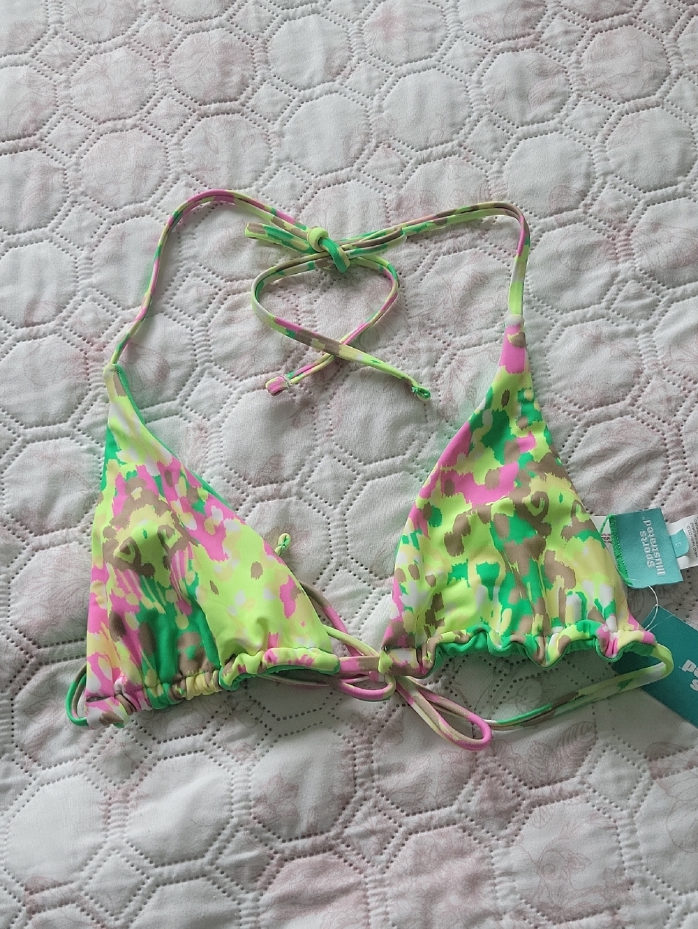 Sports Illustrated Swim Neon Camo Triangle Bikini Top - Pink & Green